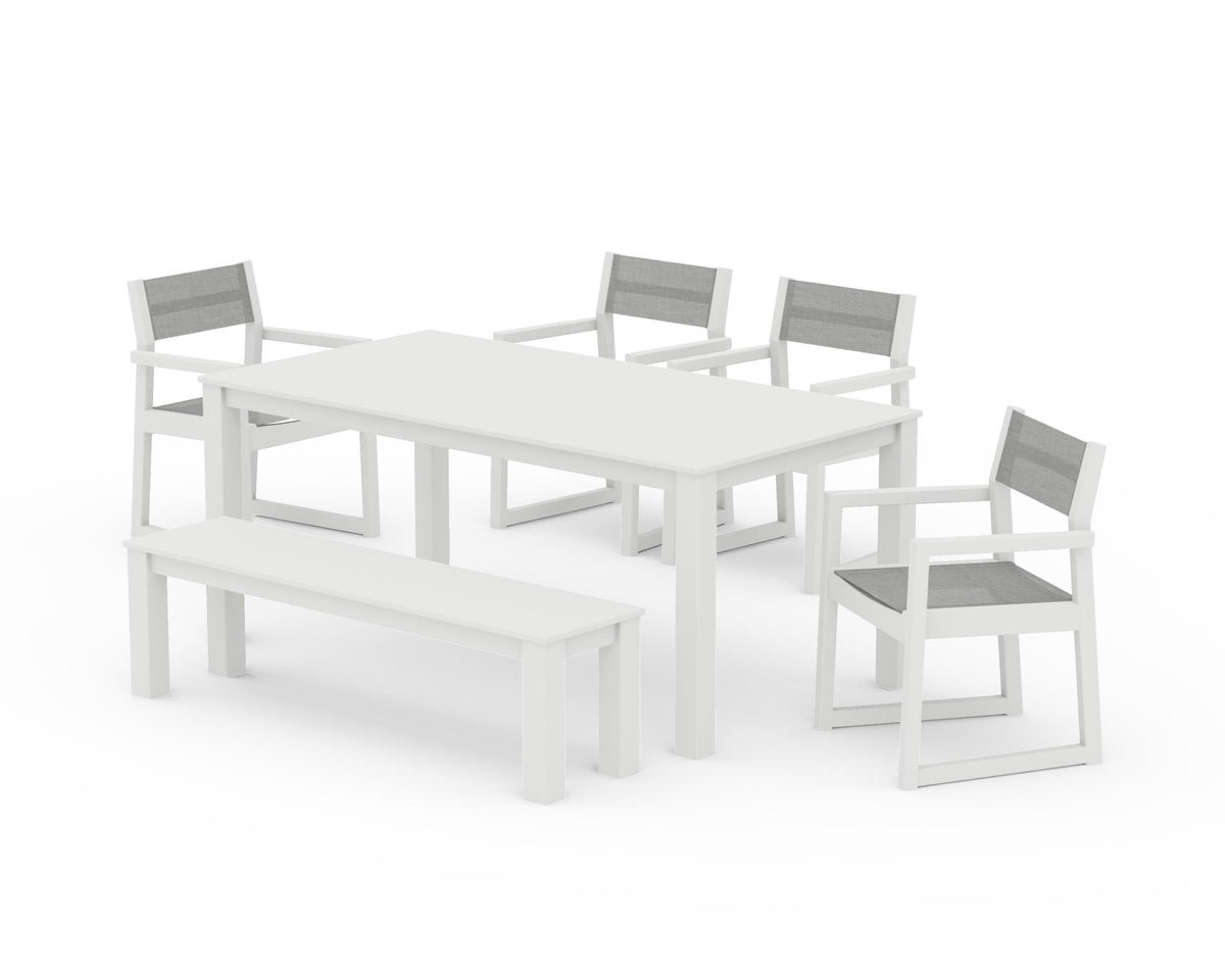 POLYWOOD EDGE Sling Arm Chair 6-Piece Parsons Dining Set with Bench in Vintage White / Metallic