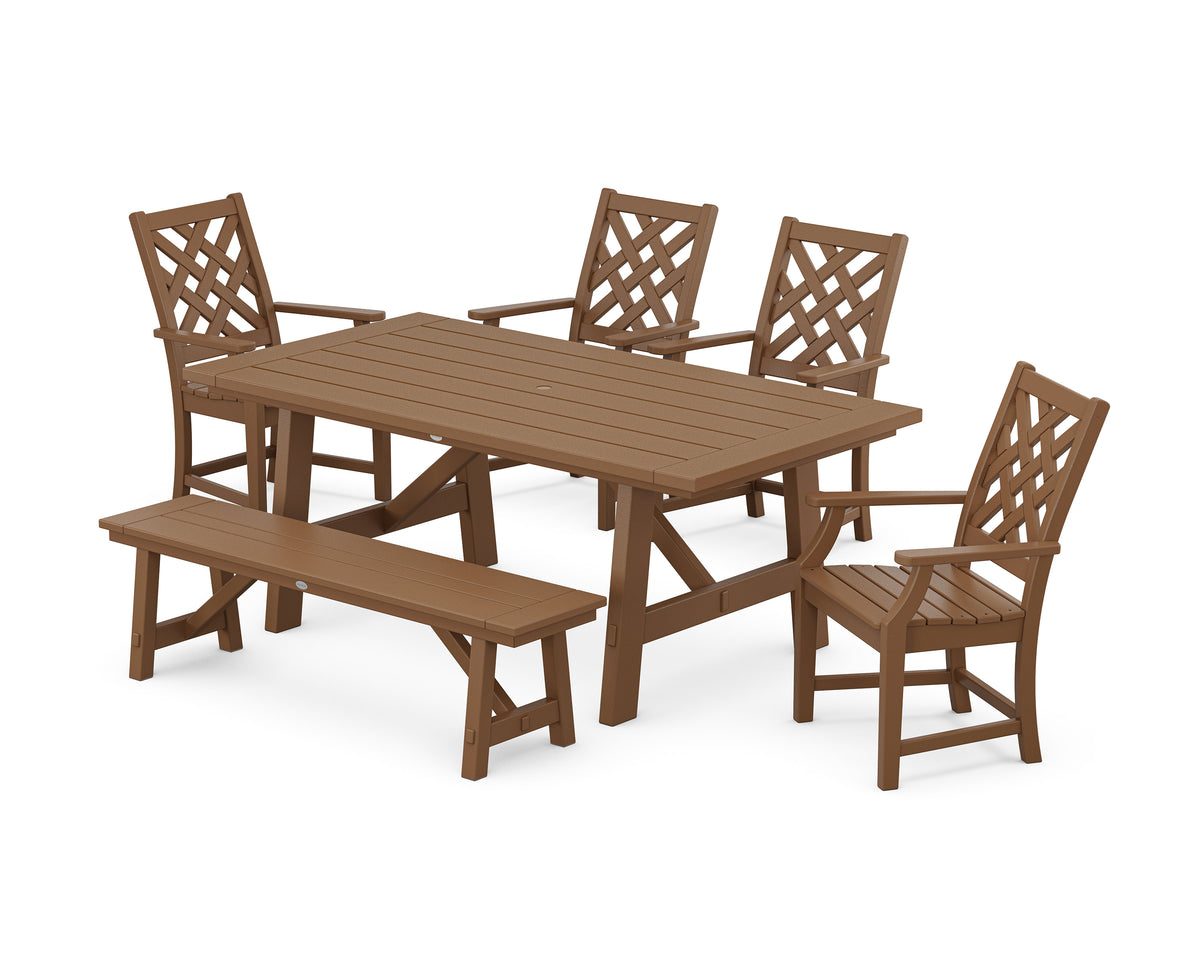 POLYWOOD Wovendale 6-Piece Rustic Farmhouse Dining Set with Bench in Teak