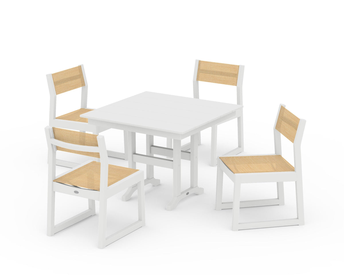 POLYWOOD EDGE Sling Side Chair 5-Piece Farmhouse Dining Set in White / Dupioni Apricot