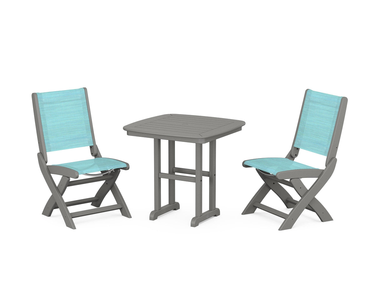 POLYWOOD Coastal Folding Side Chair 3-Piece Dining Set in Slate Grey / Dupioni Aquamarine