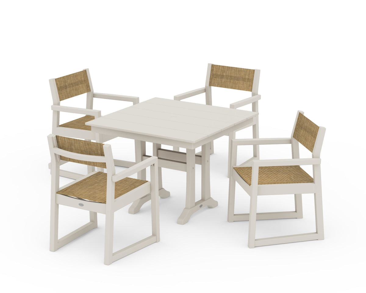 POLYWOOD EDGE Sling 5-Piece Farmhouse Dining Set with Trestle Legs in Sand / Burlap