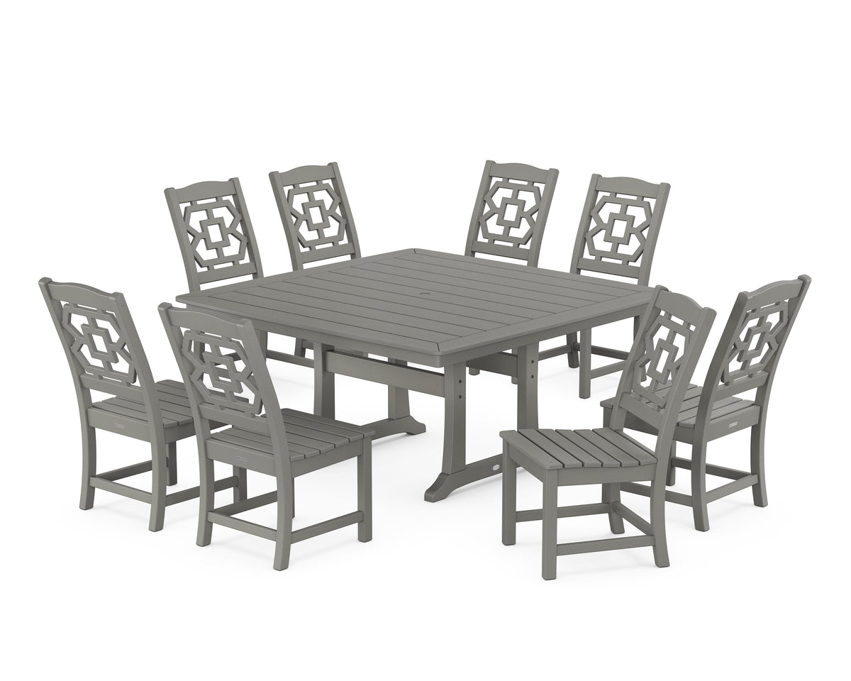 POLYWOOD Chinoiserie 9-Piece Square Side Chair Dining Set with Trestle Legs in Slate Grey