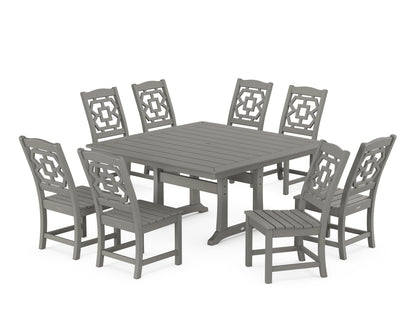 POLYWOOD Chinoiserie 9-Piece Square Side Chair Dining Set with Trestle Legs in Slate Grey