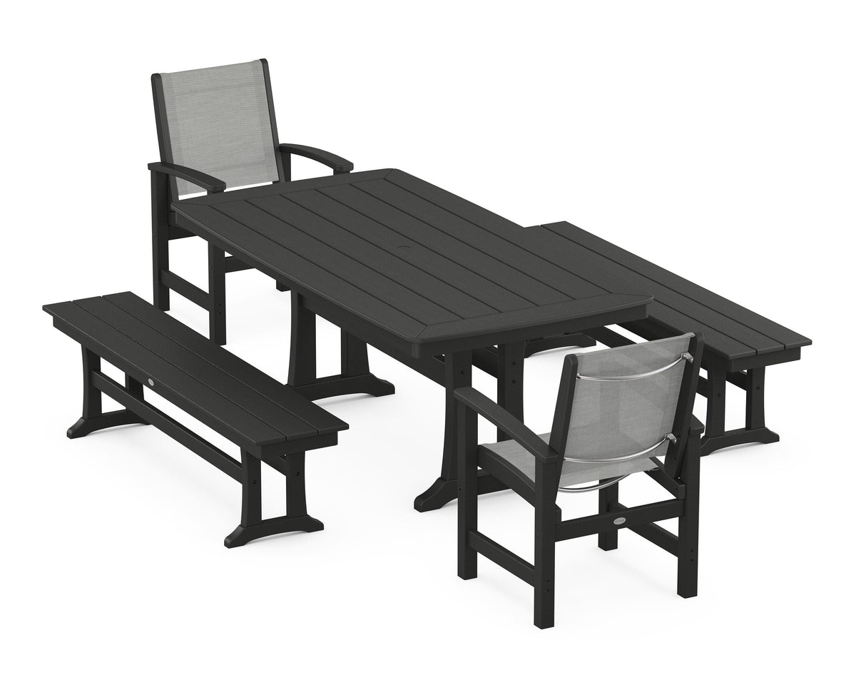 POLYWOOD Coastal 5-Piece Dining Set with Trestle Legs and Benches in Black / Metallic