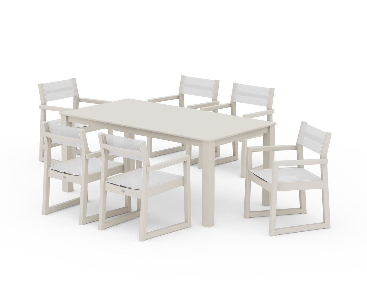 POLYWOOD EDGE Sling Arm Chair 7-Piece Parsons Dining Set in Sand / White