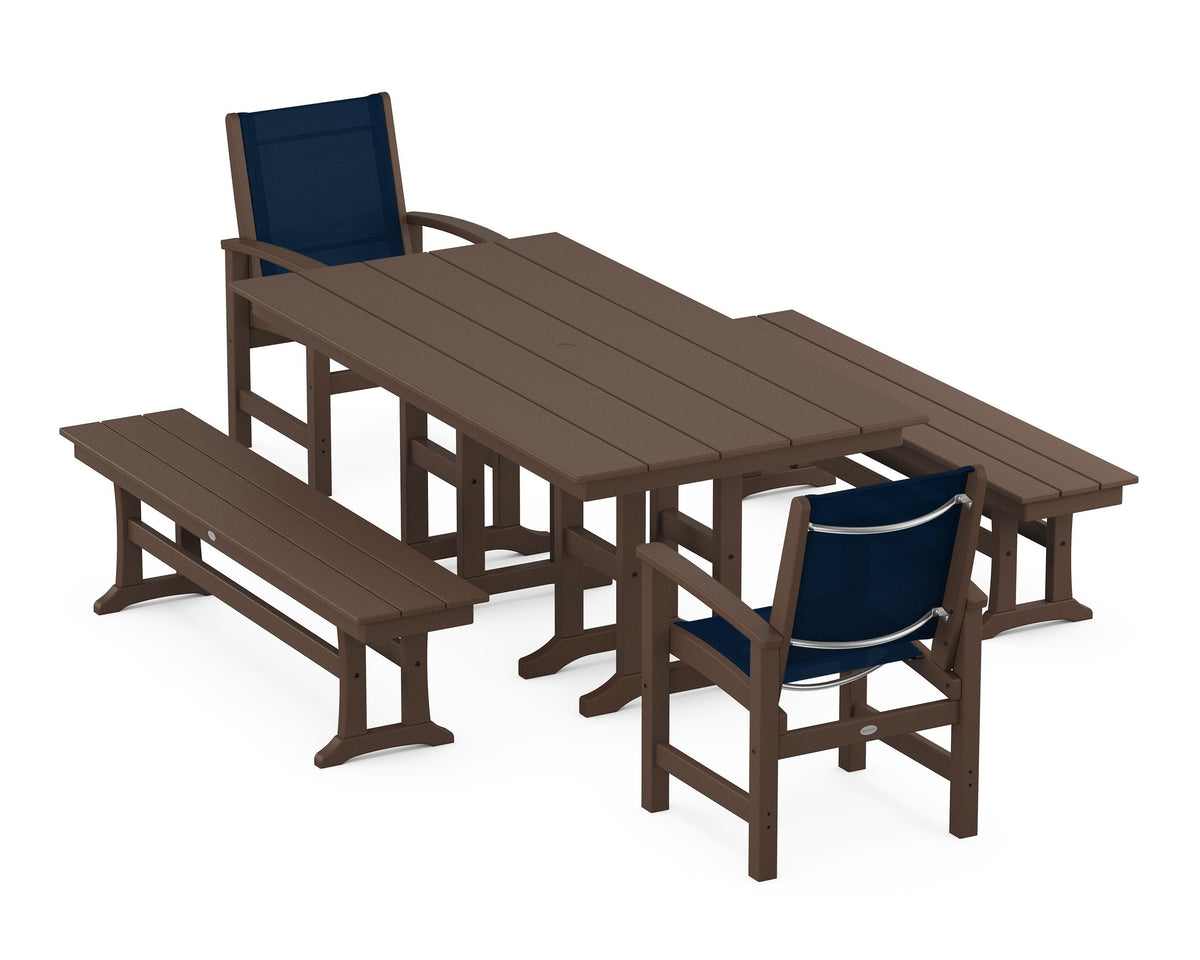 POLYWOOD Coastal 5-Piece Farmhouse Dining Set with Farmhouse 37" x 72" Dining Table in Mahogany / Navy Blue