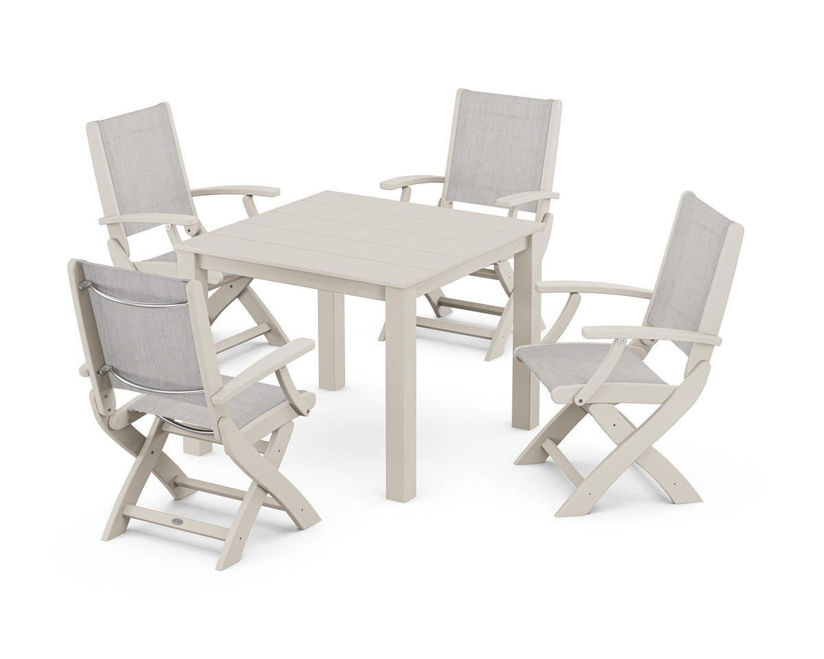 POLYWOOD Coastal Folding Chair 5-Piece Parsons Dining Set in Sand / Parchment