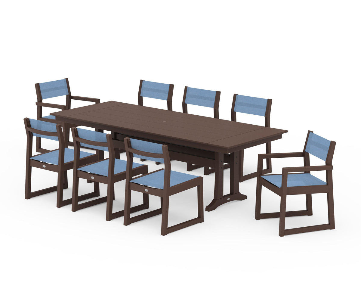 POLYWOOD EDGE Sling 9-Piece Farmhouse Trestle Dining Set in Mahogany / Poolside