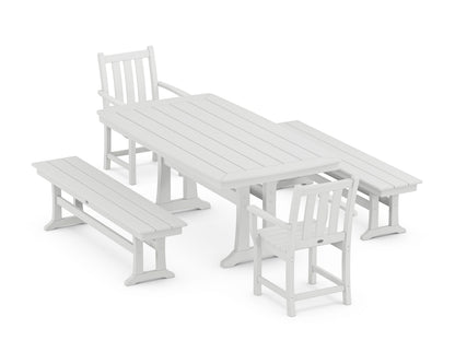 POLYWOOD Traditional Garden 5-Piece Dining Set with Trestle Legs - 38" x 73" Table in White