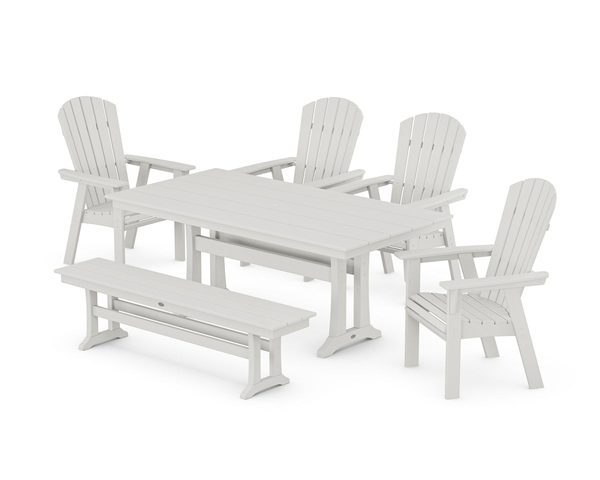 POLYWOOD Nautical Curveback Adirondack 6-Piece Farmhouse Dining Set with Trestle Legs and Bench in Vintage White