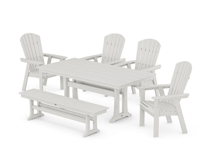 POLYWOOD Nautical Curveback Adirondack 6-Piece Farmhouse Dining Set with Trestle Legs and Bench in Vintage White