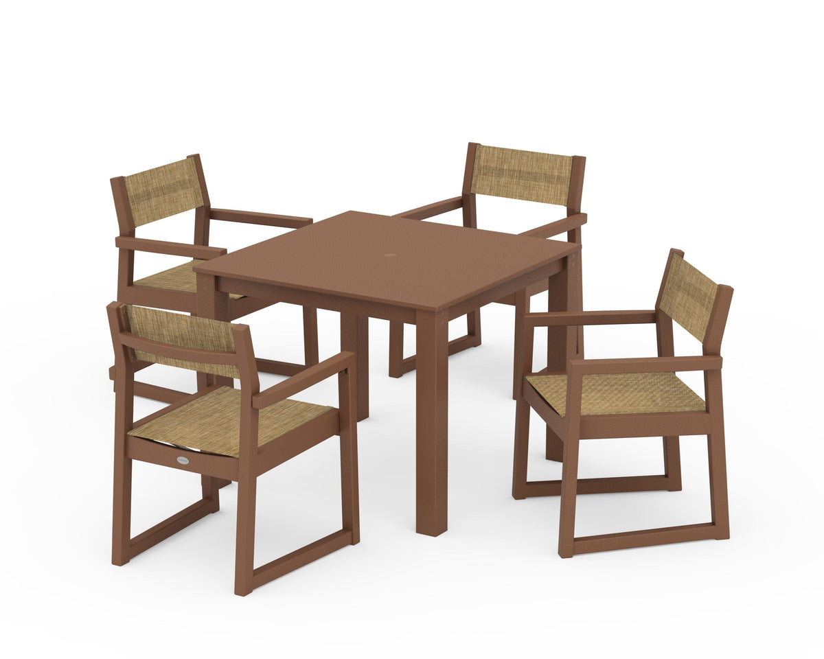 POLYWOOD EDGE Sling Arm Chair 5-Piece Parsons Dining Set in Teak / Burlap