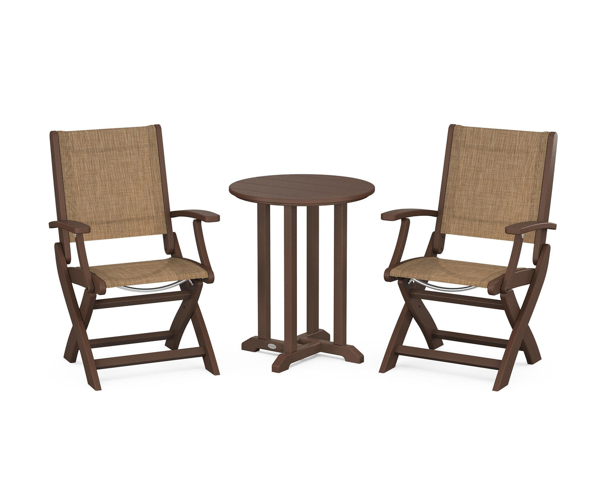 POLYWOOD Coastal Folding 3-Piece Round Bistro Dining Set in Mahogany / Burlap
