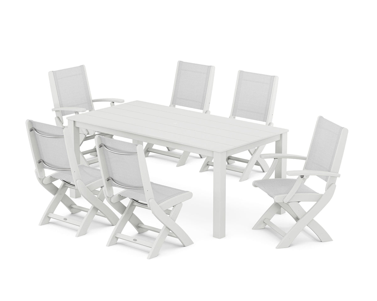 POLYWOOD Coastal Folding Chair 7-Piece Parsons Dining Set with Coastal Folding Side Chair in White / White