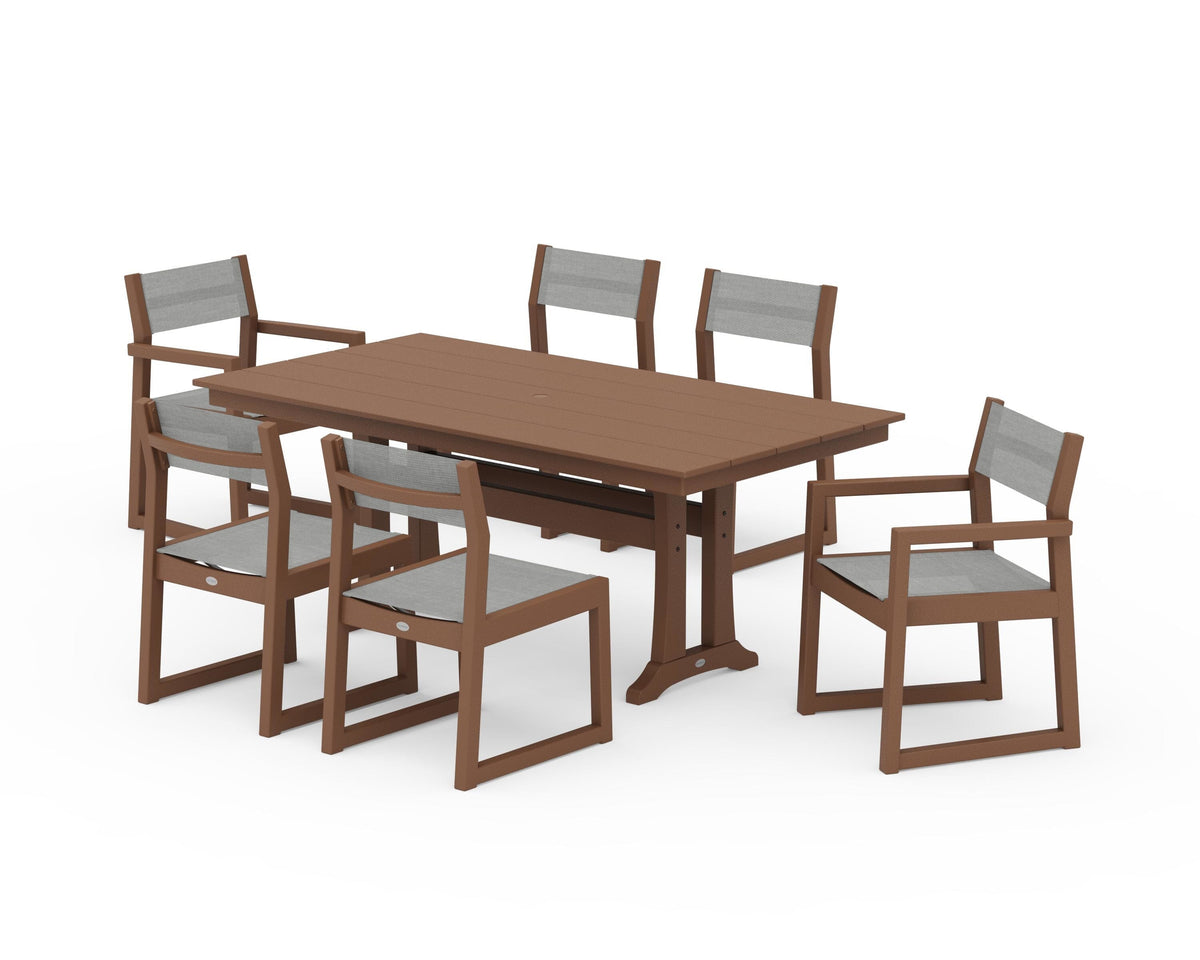 POLYWOOD EDGE Sling 7-Piece Farmhouse Trestle Dining Set in Teak / Metallic