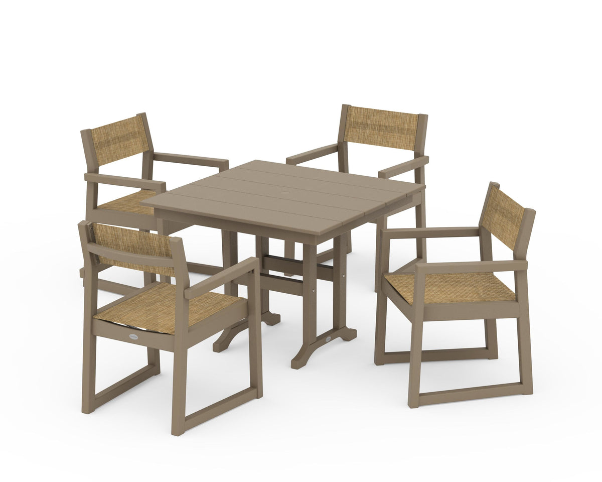 POLYWOOD EDGE Sling Arm Chair 5-Piece Farmhouse Dining Set in Vintage Sahara / Burlap