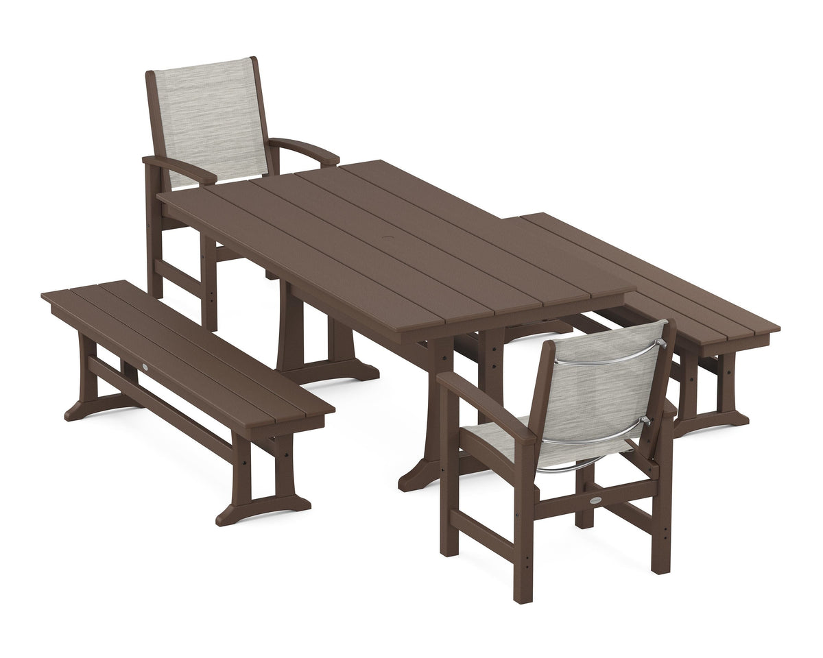 POLYWOOD Coastal 5-Piece Farmhouse Dining Set with Trestle Legs and Benches in Mahogany / Birch