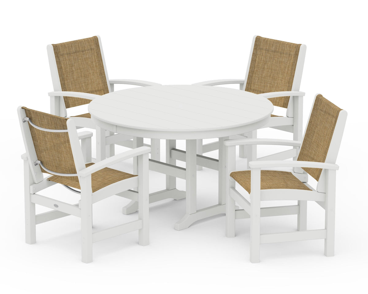 POLYWOOD Coastal 5-Piece Round Farmhouse Dining Set in Vintage White / Burlap