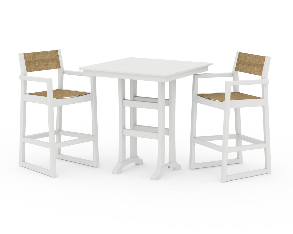 POLYWOOD EDGE Sling Arm Chair 3-Piece Farmhouse Bar Set with Trestle Legs in Vintage White / Burlap