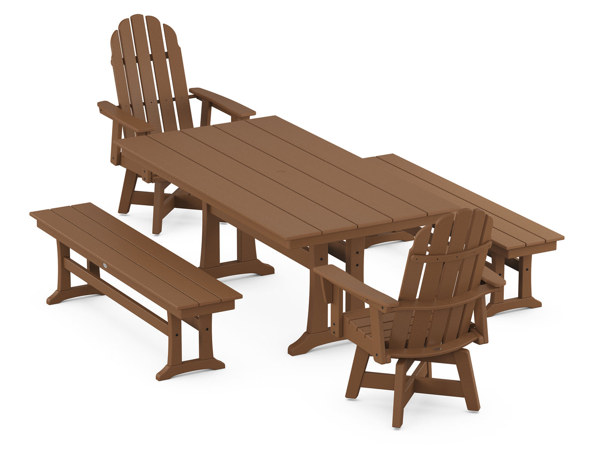 POLYWOOD Vineyard Curveback Adirondack Swivel Chair 5-Piece Farmhouse Dining Set with Trestle Legs and Benches in Teak