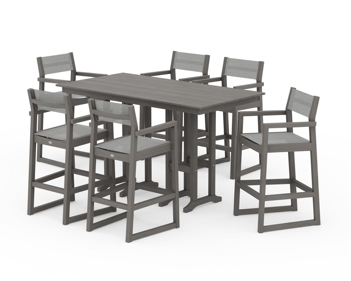 POLYWOOD EDGE Sling Arm Chair 7-Piece Farmhouse Bar Set in Driftwood / Metallic