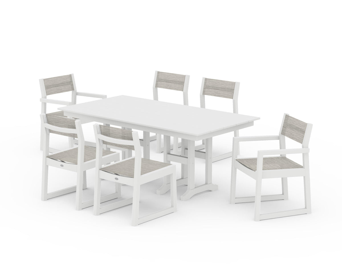 POLYWOOD EDGE Sling 7-Piece Farmhouse Dining Set in White / Birch