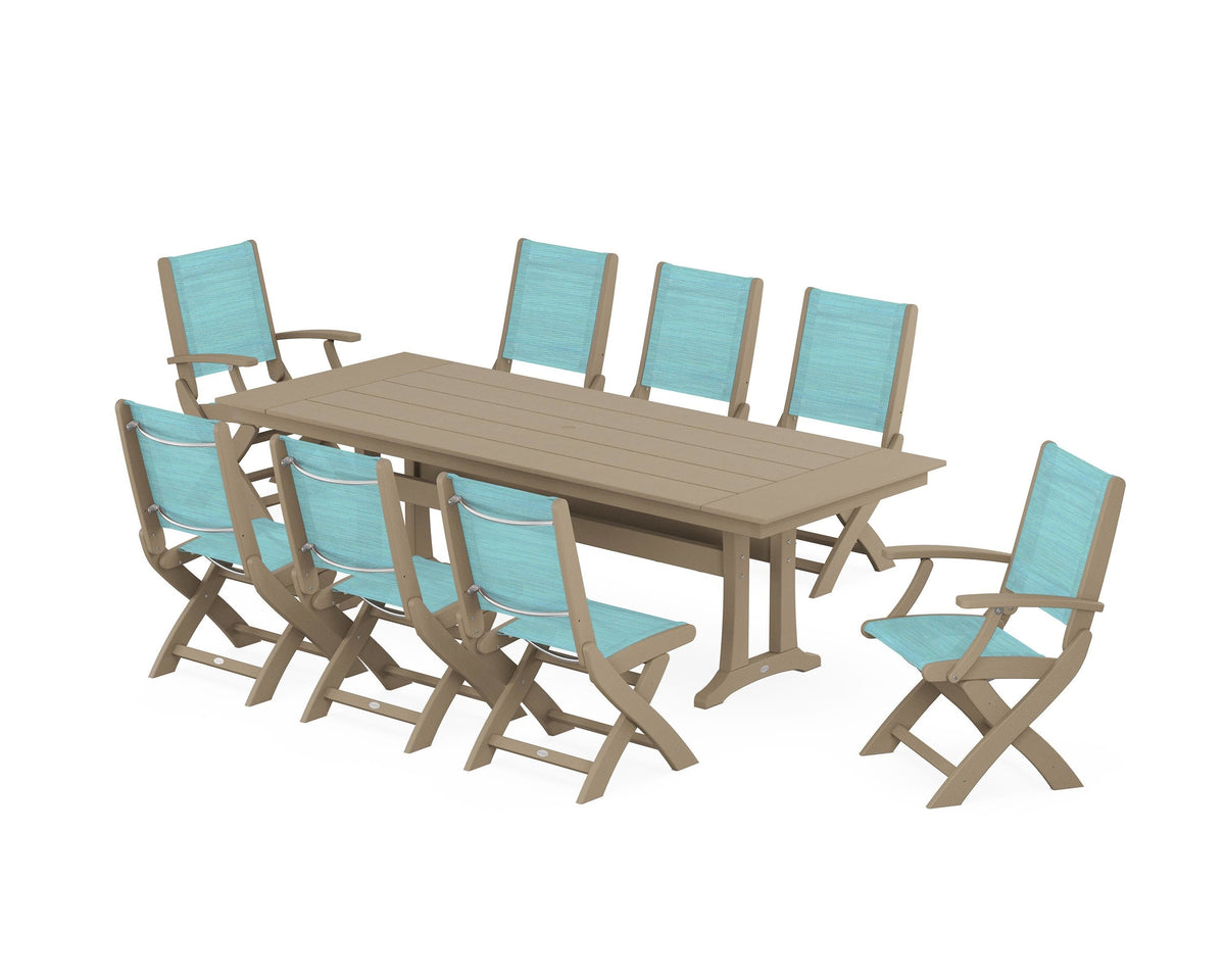 POLYWOOD Coastal 9-Piece Folding Dining Chair Farmhouse Dining Set with Trestle Legs in Vintage Sahara / Dupioni Aquamarine