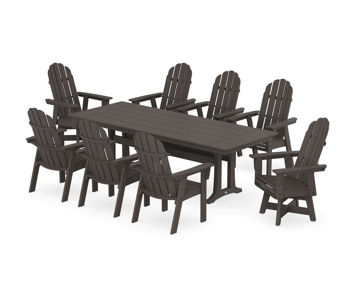 POLYWOOD Vineyard 9-Piece Curveback Adirondack Swivel Farmhouse Dining Set with Trestle Legs in Vintage Coffee