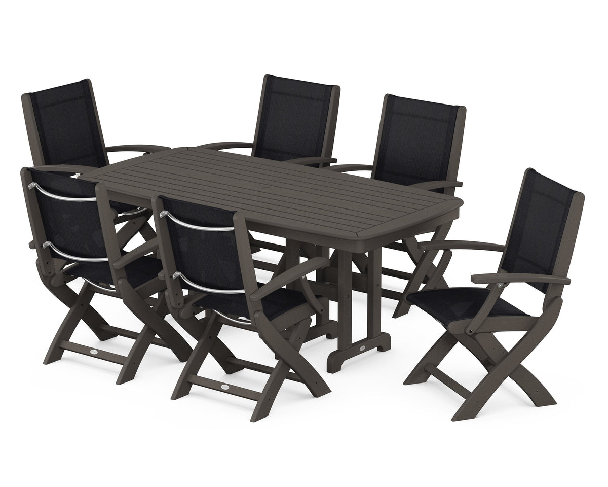 POLYWOOD Coastal Folding Arm Chair 7-Piece Dining Set in Vintage Coffee / Black