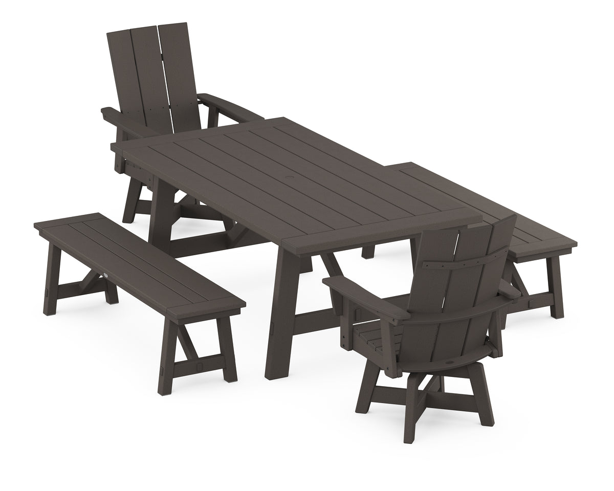 POLYWOOD Modern Curveback Adirondack Swivel Chair 5-Piece Rustic Farmhouse Dining Set with Benches in Vintage Coffee