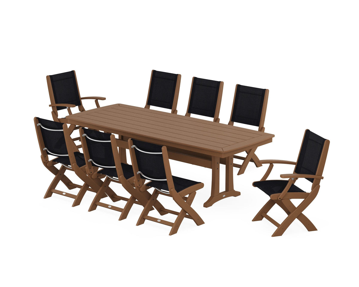 POLYWOOD Coastal Folding 9-Piece Dining Set with Trestle Legs in Teak / Black