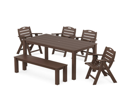 POLYWOOD Nautical Folding Lowback Chair 6-Piece Parsons Dining Set with Bench in Mahogany