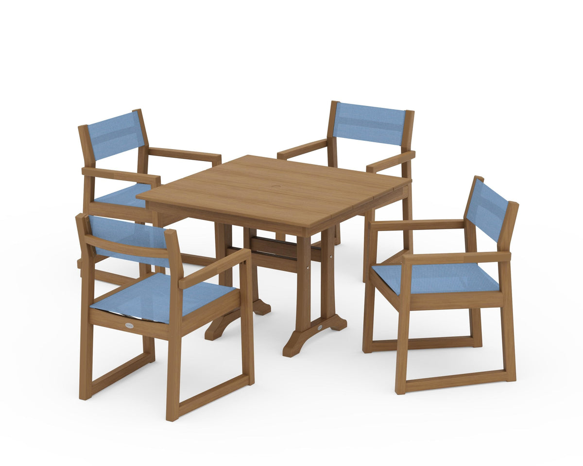 POLYWOOD EDGE Sling 5-Piece Farmhouse Dining Set with Trestle Legs in Natural / Poolside