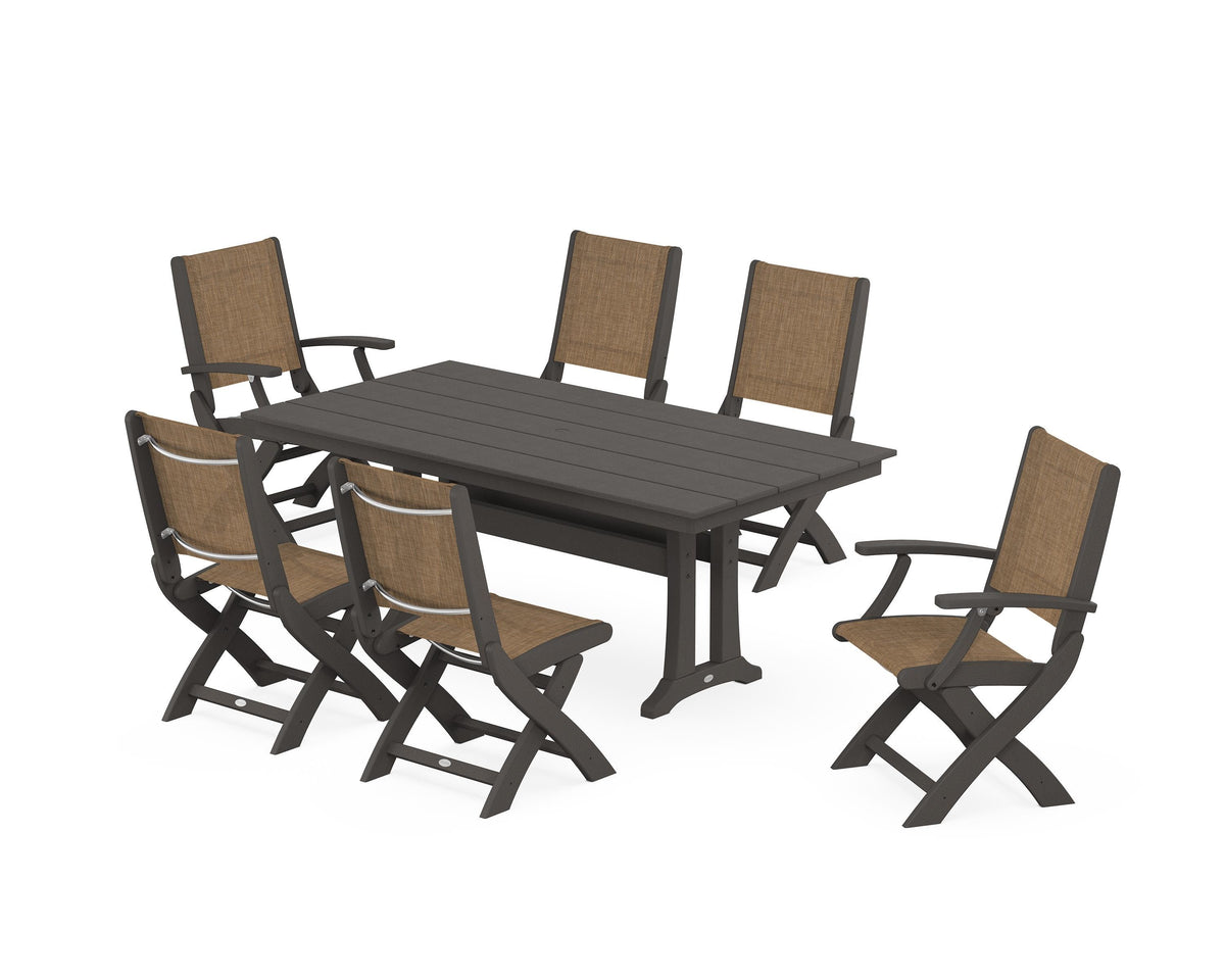 POLYWOOD Coastal Folding Chair 7-Piece Farmhouse Dining Set with Trestle Legs in Vintage Coffee / Burlap