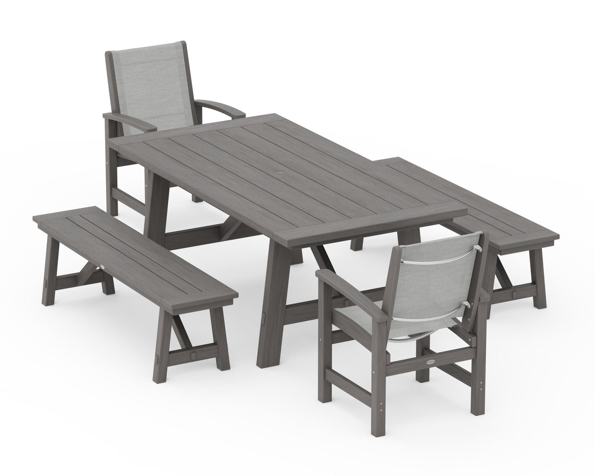 POLYWOOD Coastal 5-Piece Rustic Farmhouse Dining Set With Benches in Driftwood / Metallic
