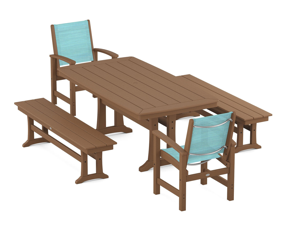 POLYWOOD Coastal 5-Piece Dining Set with Trestle Legs and Benches in Teak / Dupioni Aquamarine