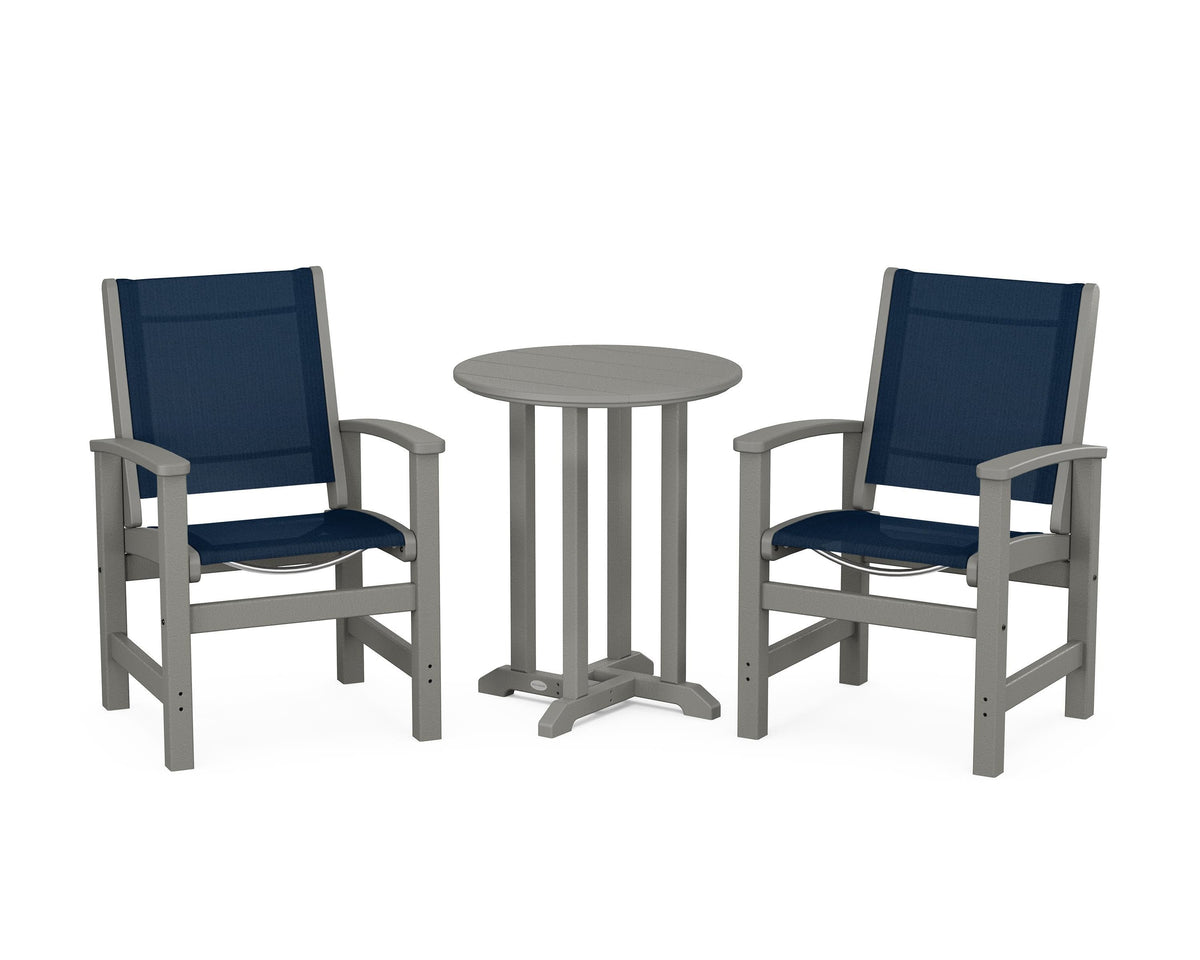 POLYWOOD Coastal 3-Piece Round Bistro Dining Set in Slate Grey / Navy Blue