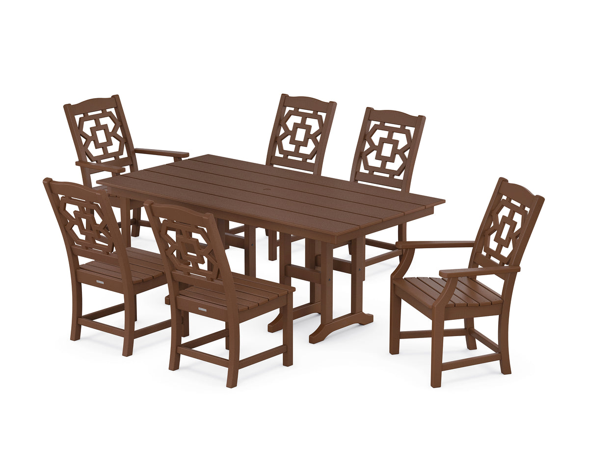 POLYWOOD Chinoiserie 7-Piece Farmhouse Dining Set in Mahogany