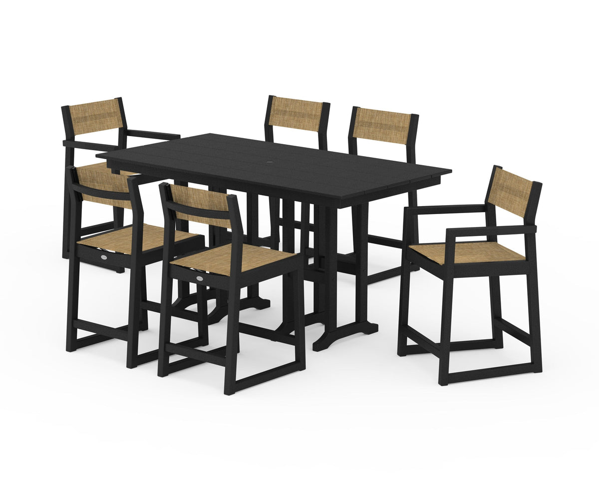 POLYWOOD EDGE Sling 7-Piece Farmhouse Counter Set with Trestle Legs in Black / Burlap