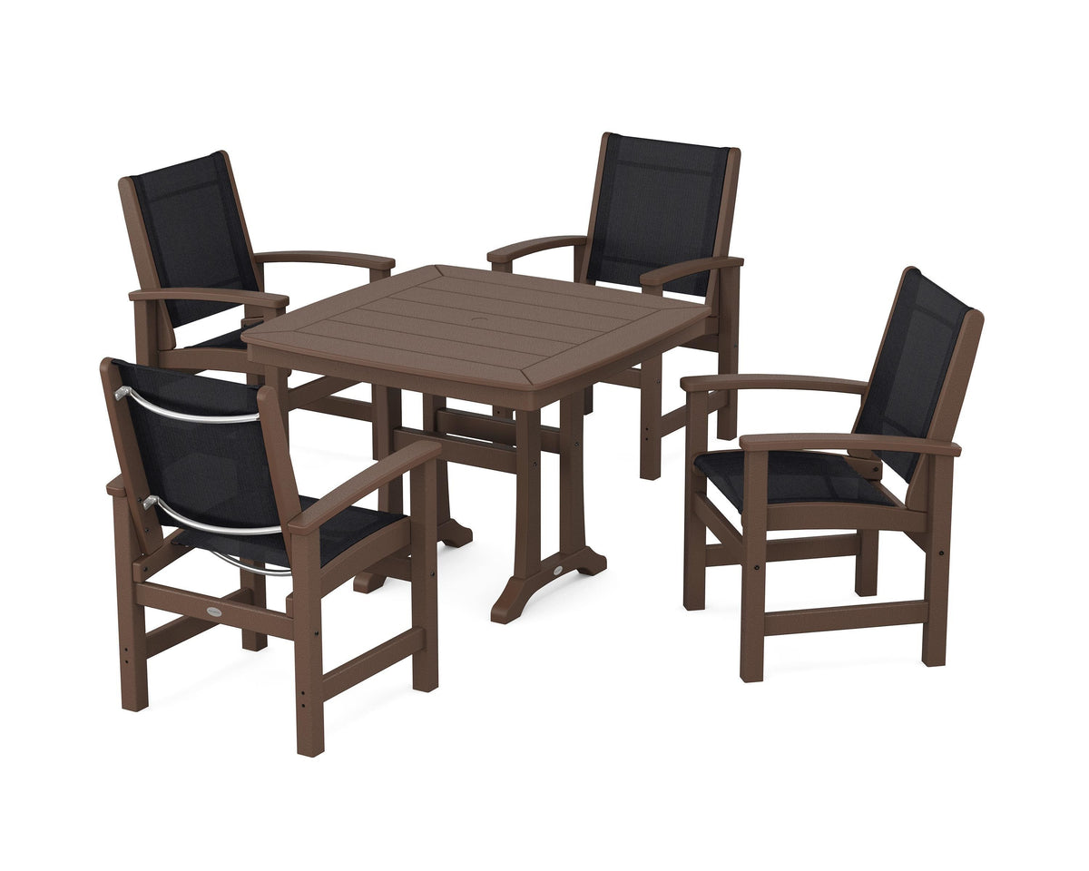POLYWOOD Coastal 5-Piece Dining Set with Trestle Legs with Nautical Trestle 37" Dining Table in Mahogany / Black