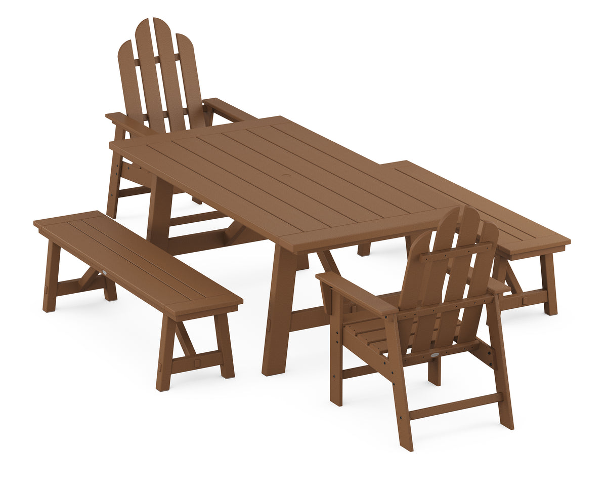 POLYWOOD Long Island 5-Piece Rustic Farmhouse Dining Set with Benches in Teak