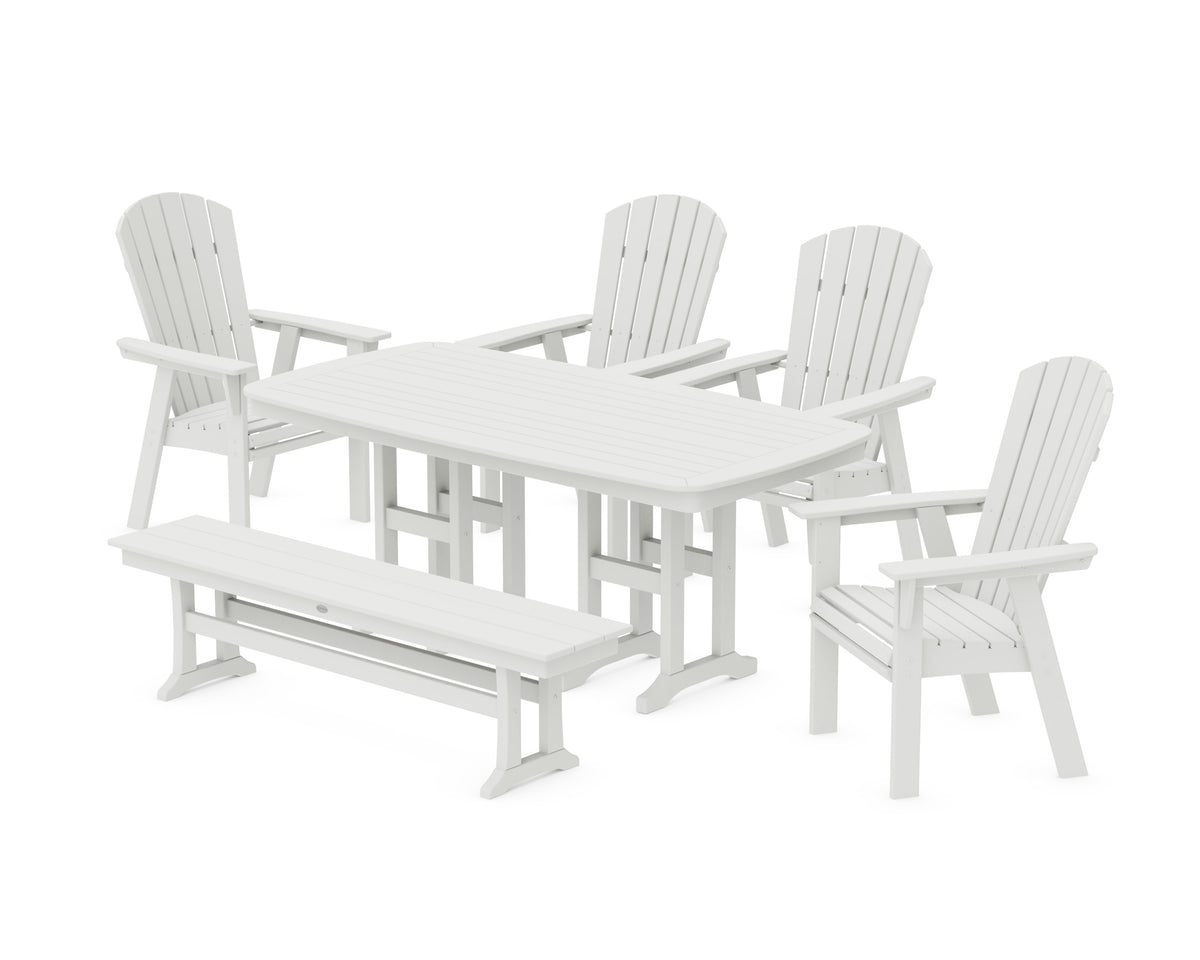 POLYWOOD Nautical Curveback Adirondack 6-Piece Dining Set with Bench in Vintage White