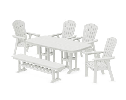POLYWOOD Nautical Curveback Adirondack 6-Piece Dining Set with Bench in Vintage White