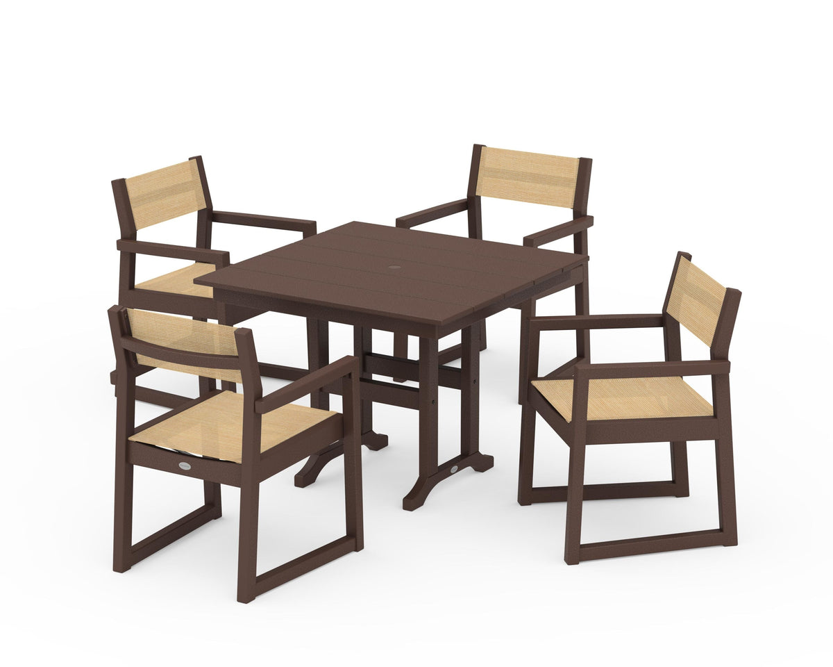 POLYWOOD EDGE Sling Arm Chair 5-Piece Farmhouse Dining Set in Mahogany / Dupioni Apricot