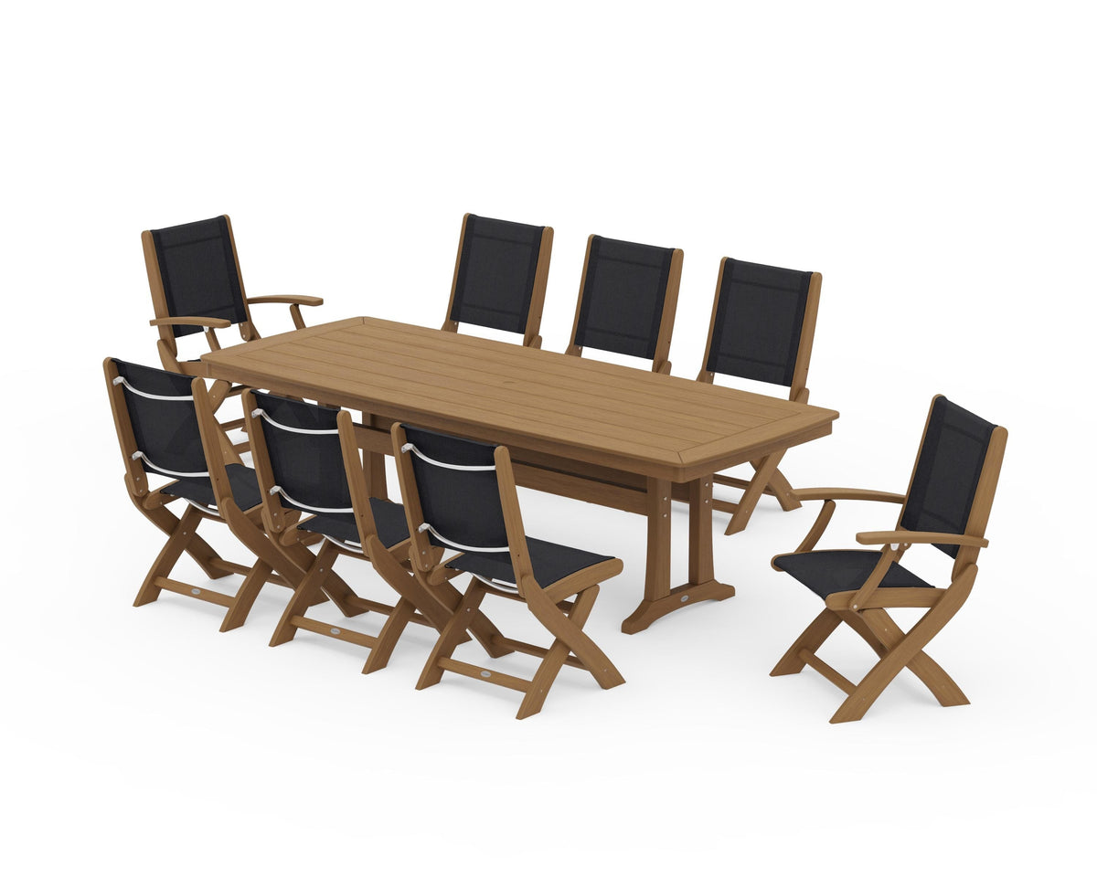 POLYWOOD Coastal Folding 9-Piece Dining Set with Trestle Legs in Natural / Black