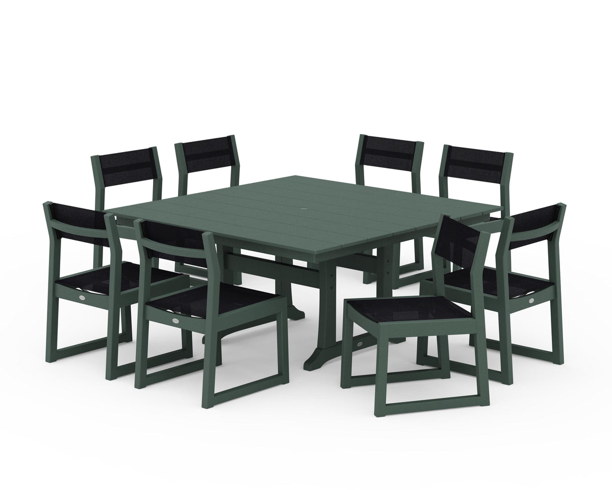 POLYWOOD EDGE Sling Side Chair 9-Piece Farmhouse Trestle Dining Set in Green / Black