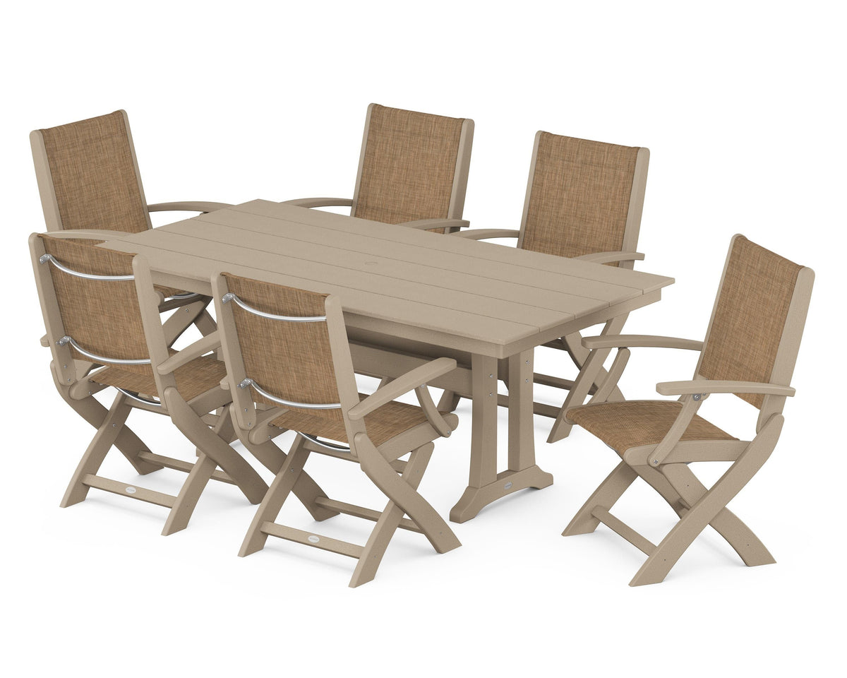 POLYWOOD Coastal Folding Arm Chair 7-Piece Farmhouse Dining Set with Trestle Legs in Vintage Sahara / Burlap