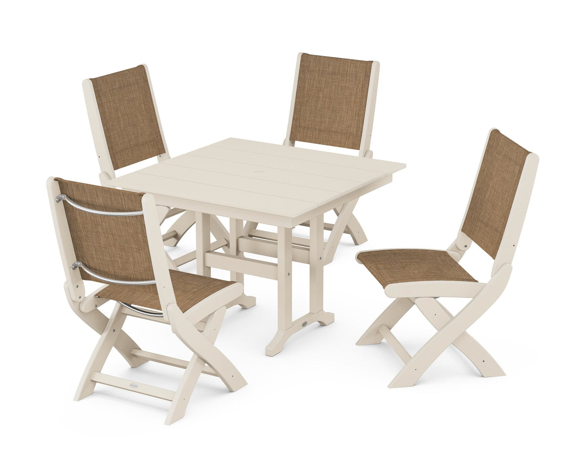 POLYWOOD Coastal Folding Side Chair 5-Piece Farmhouse Dining Set in Sand / Burlap