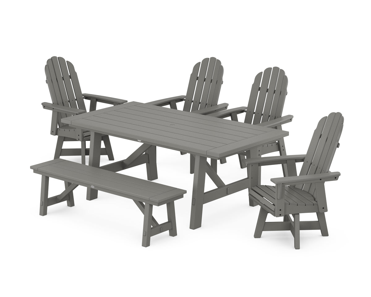 POLYWOOD Vineyard Curveback Adirondack Swivel Chair 6-Piece Rustic Farmhouse Dining Set with Bench in Slate Grey