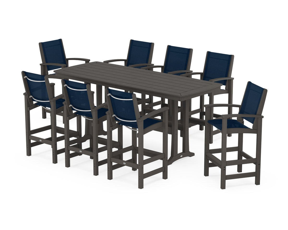 POLYWOOD Coastal 9-Piece Bar Set with Trestle Legs in Vintage Coffee / Navy Blue